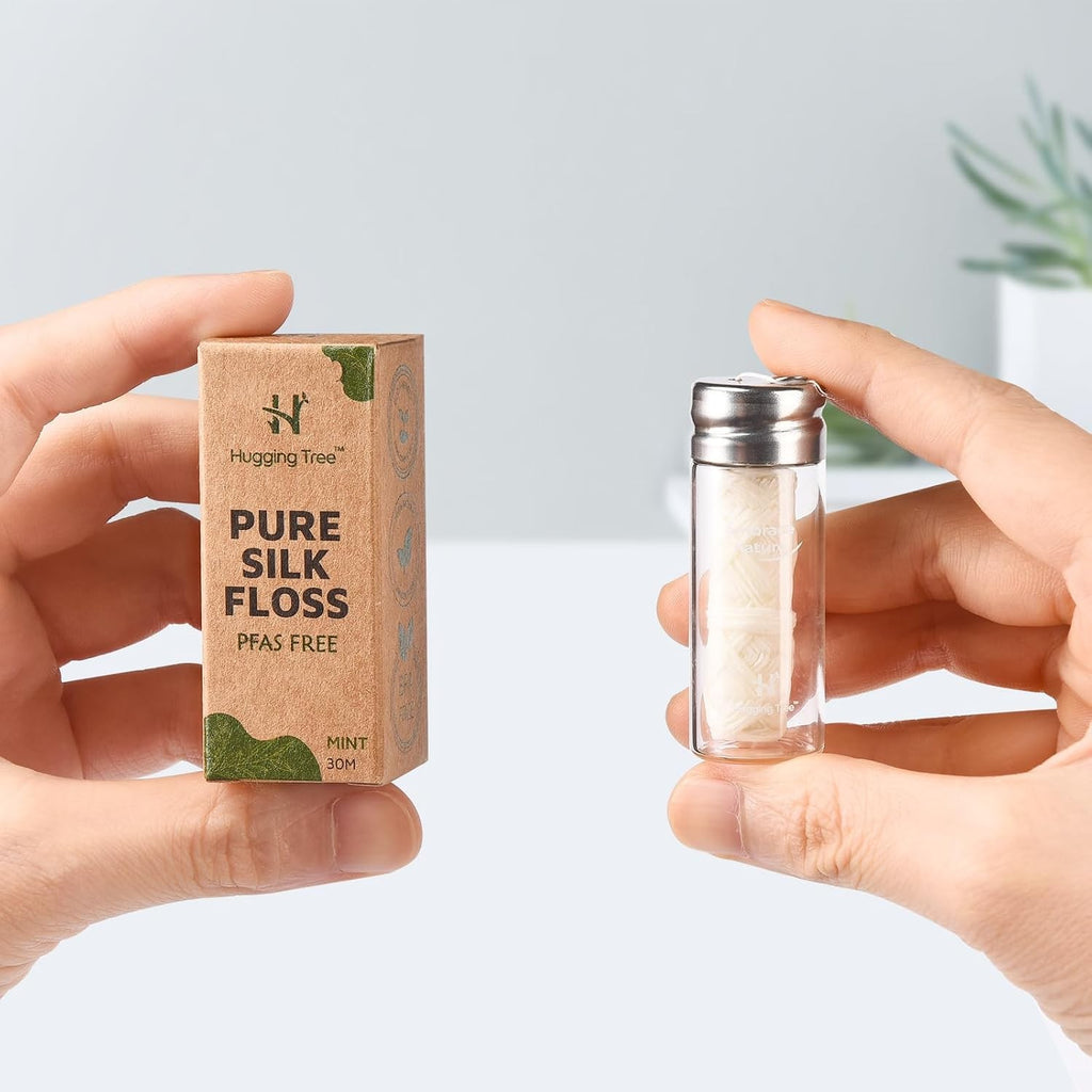 Natural Silk Dental Floss with Reusable Glass Dispenser - Eco-Friendly, Biodegradable, Zero Waste