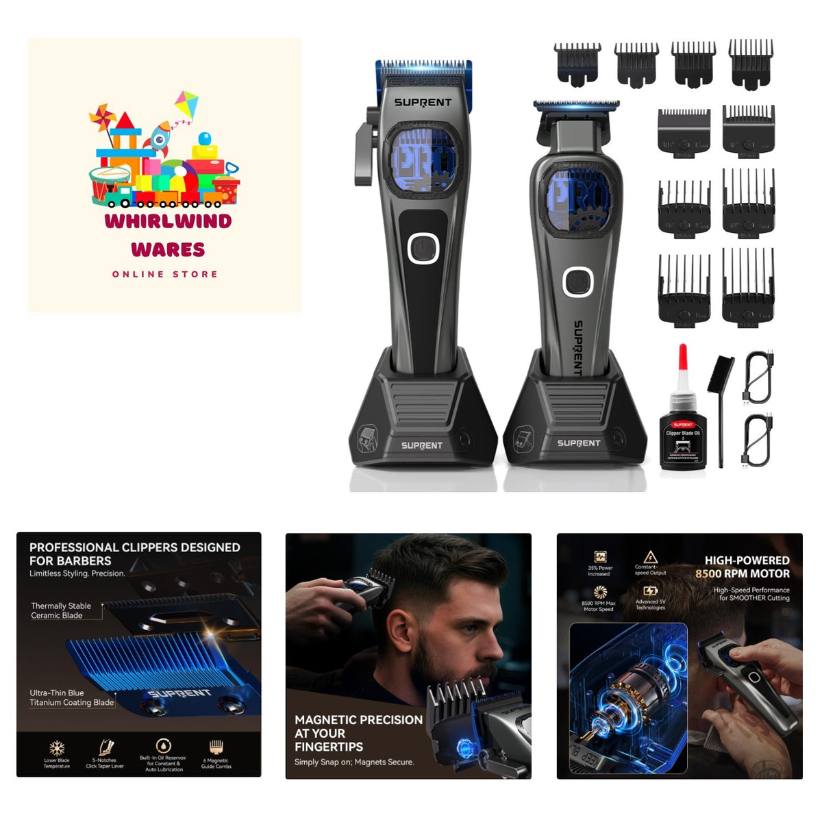 Cordless Hair Clipper & Trimmer Set with Titanium Blades, Adjustable Speed