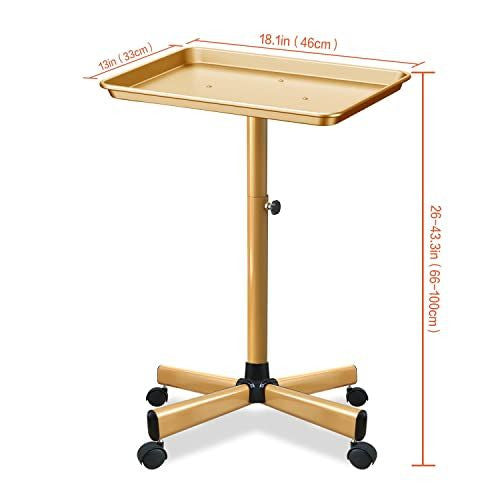 Salon Rolling Tray Cart with Wheels - Adjustable Gold Tattoo & Beauty Station