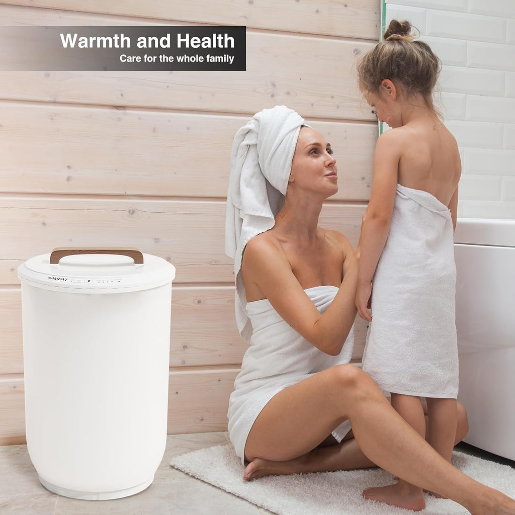 Large Heated Towel Warmer Bucket with Wooden Handle, Auto Shut-Off for Bathroom