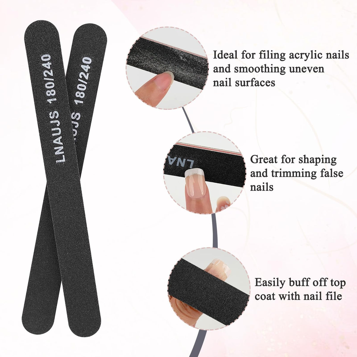 10 Pack Nail Files with 80/100 and 180/240 Grit - Reusable Black Nail Buffers for Natural & Artificial Nails