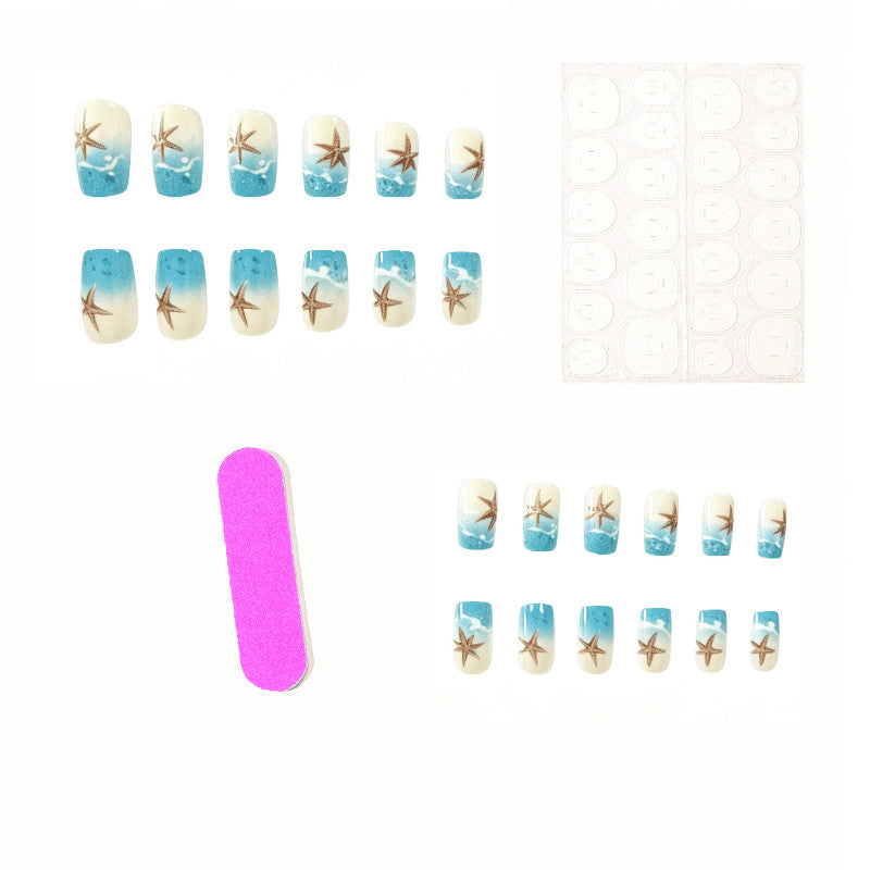 48pcs Short Square Press-On Nails with Blue Wave & Starfish Beach Design