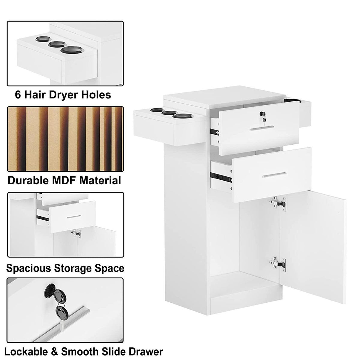 Lockable Salon Styling Station Cabinet with Large Storage & Tool Holders