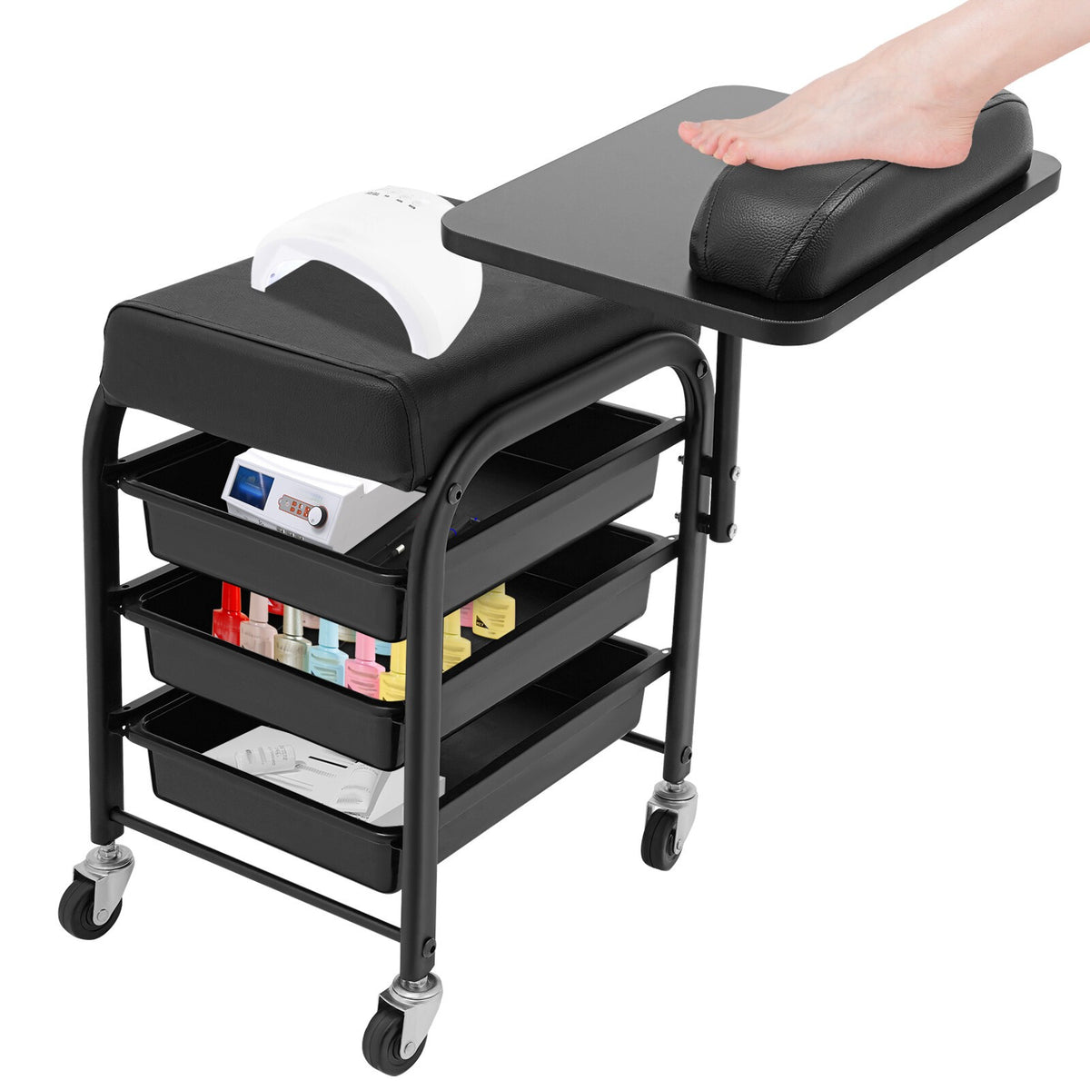 Portable Nail Salon Cart with Drawers and Cushioned Support