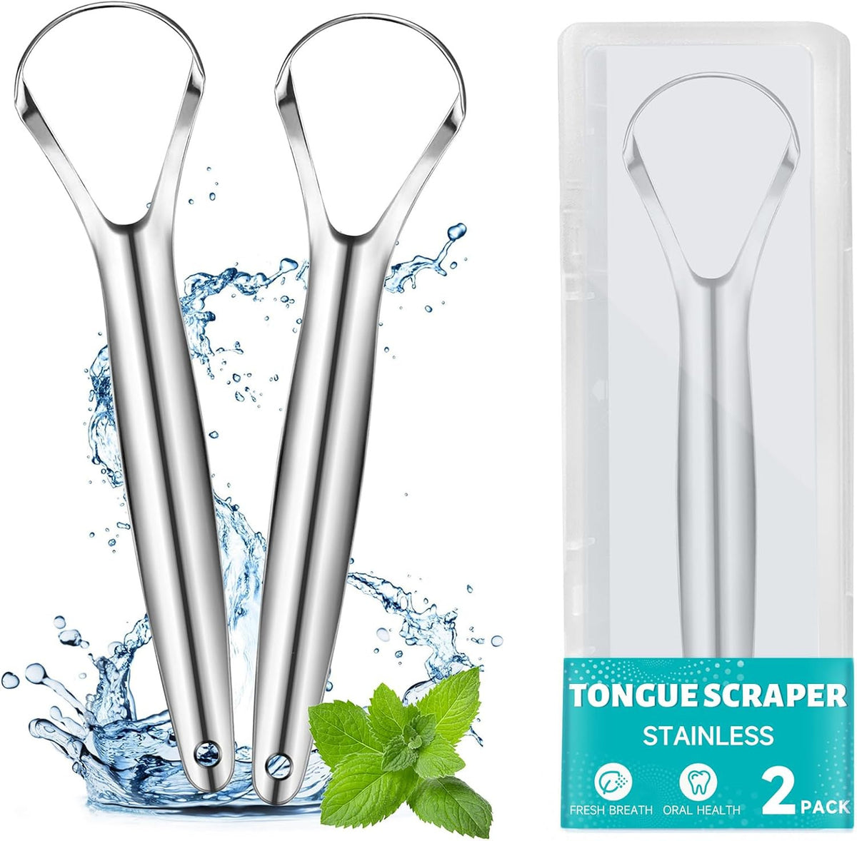 Stainless Steel Tongue Scraper 2 Pack - Oral Hygiene Cleaner with Travel Case