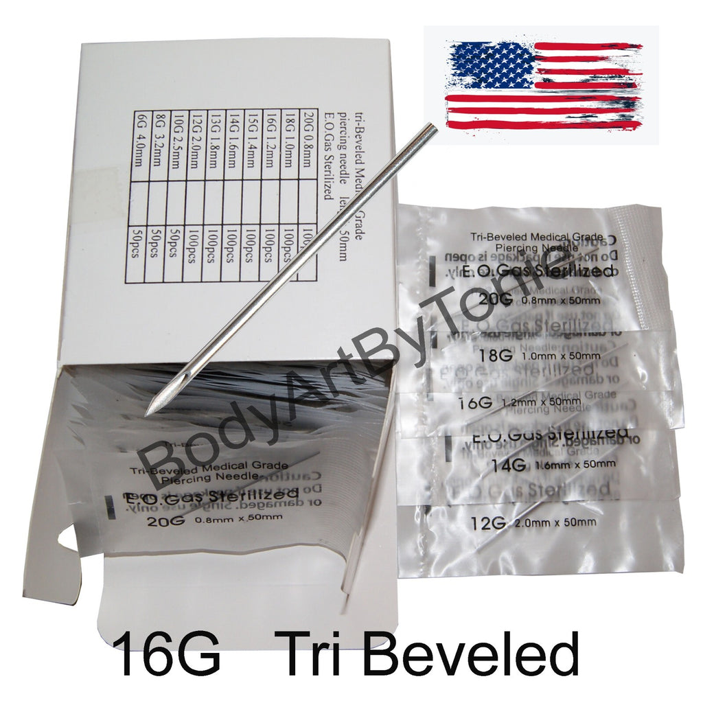 Tri-Beveled 2" Sterile Piercing Needles 100pcs 16g Medical Grade