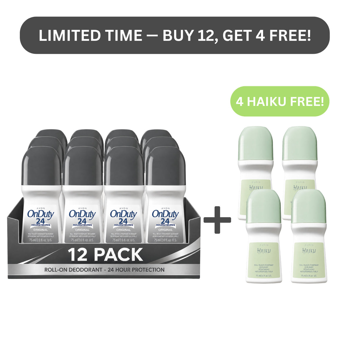 Bulk Avon On Duty Roll-On Antiperspirant Deodorant 2.6oz - 12 Pack + 4 Free Haiku