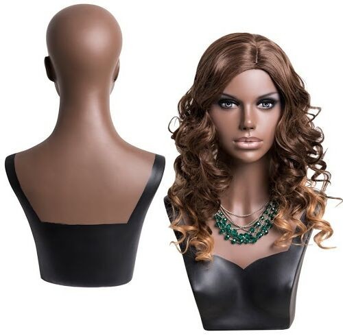 Fiberglass Mannequin Head for Display - Dark Skin, 21 Inch, Realistic Makeup