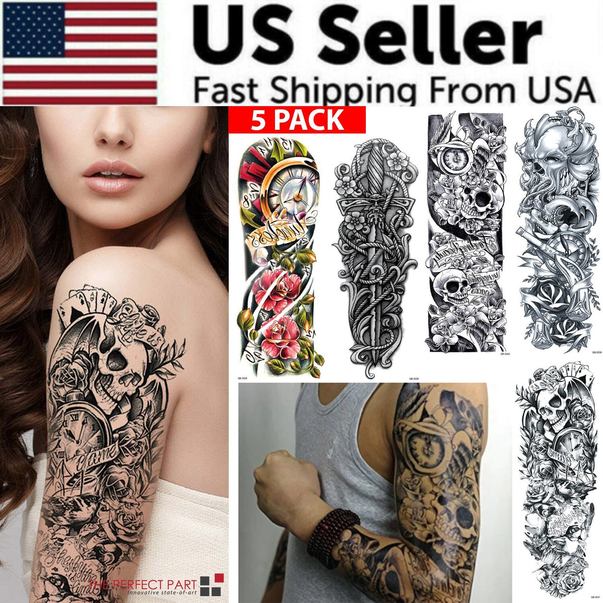 Large Temporary Body Art Arm Tattoo Sleeve 5Pcs Waterproof, 48x17 cm