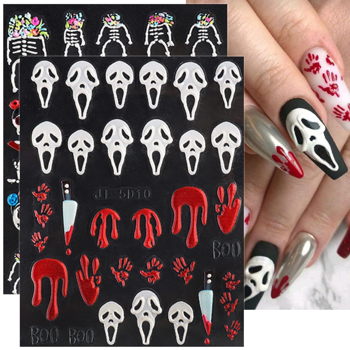 Halloween Nail Stickers 8 Sheets 5D Embossed Skull & Gothic Designs