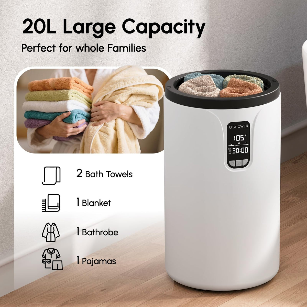20L Towel Warmer Bucket with LCD Display - Fits 2 Oversized Towels, Safety & Timer