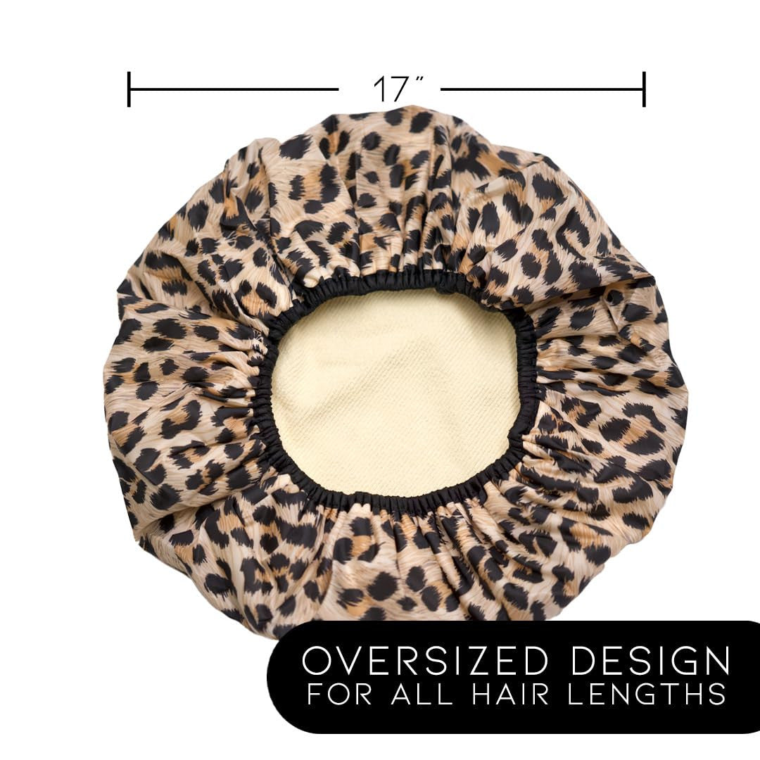 Reusable Waterproof Shower Cap Leopard Print Oversized Nylon Hair Cover
