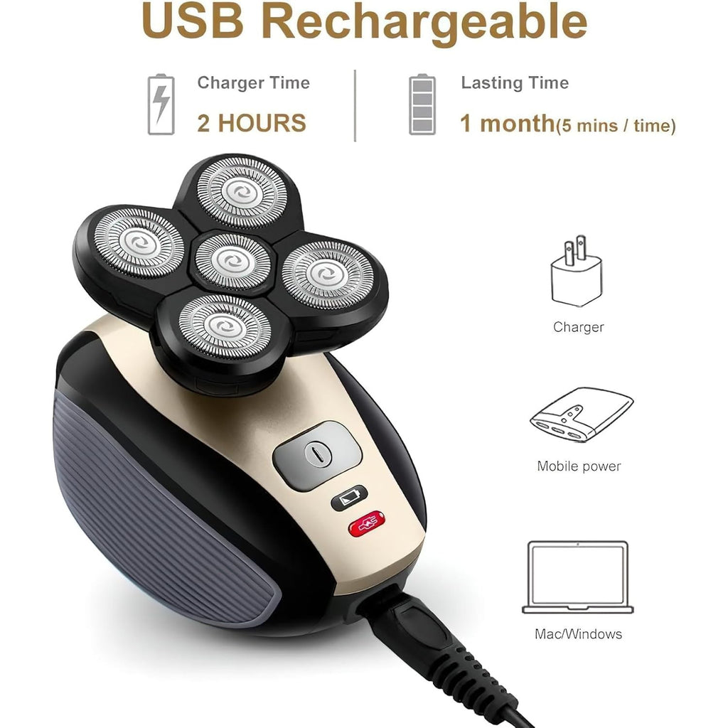 Rechargeable Waterproof Bald Shaver with 5D Floating Heads - Men’s Grooming Tool
