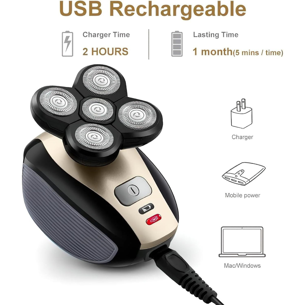 Rechargeable Waterproof Bald Shaver with 5D Floating Heads - Men’s Grooming Tool