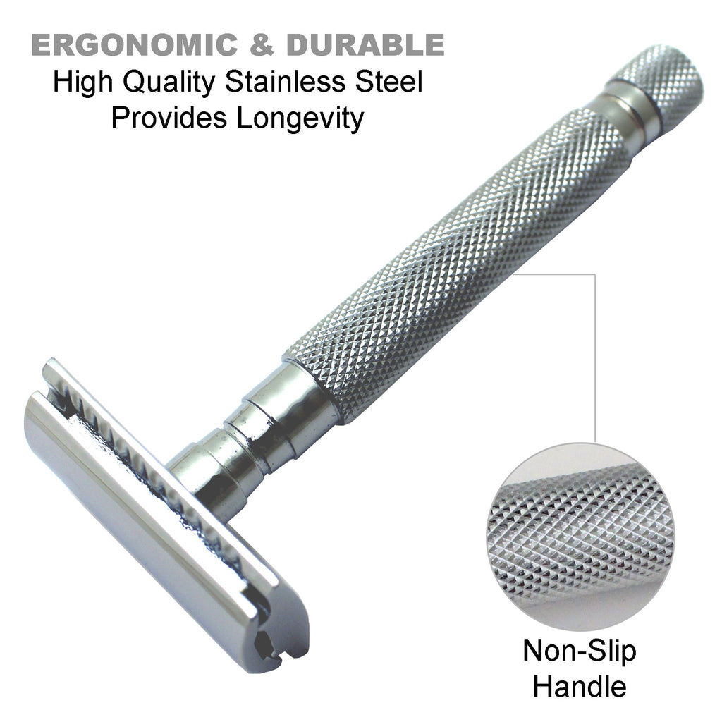 Double Edge Safety Razor for Men with 10 Blades - Stainless Steel Handle