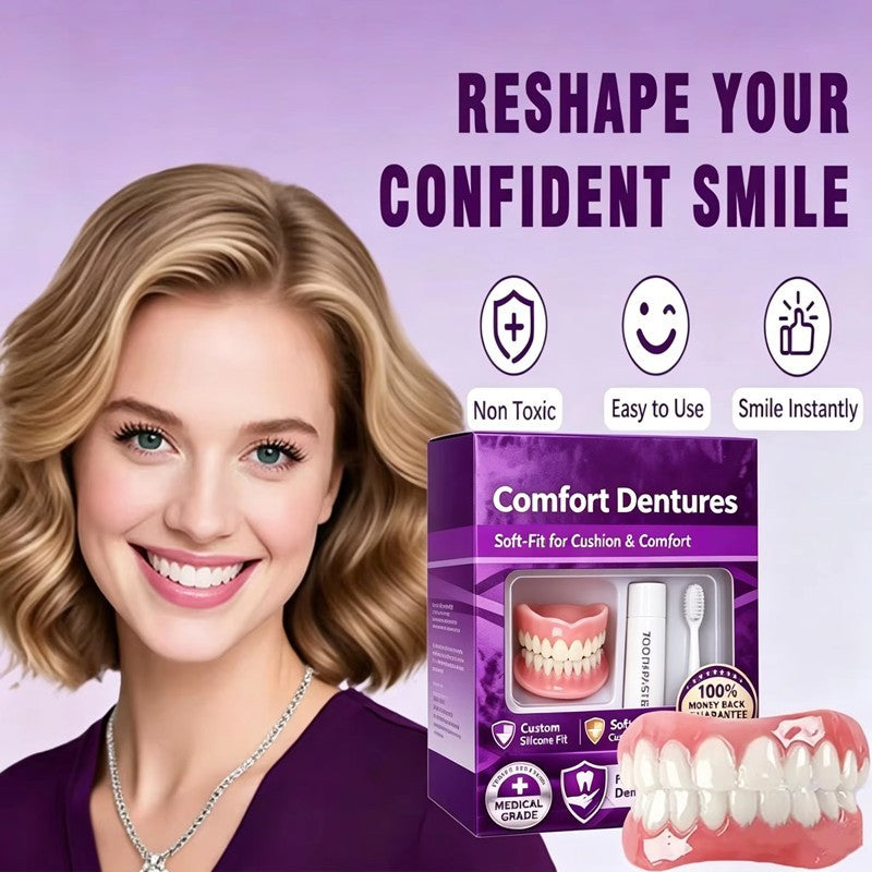 Moldable Silicone Dentures Set Upper & Lower False Teeth Instant Smile