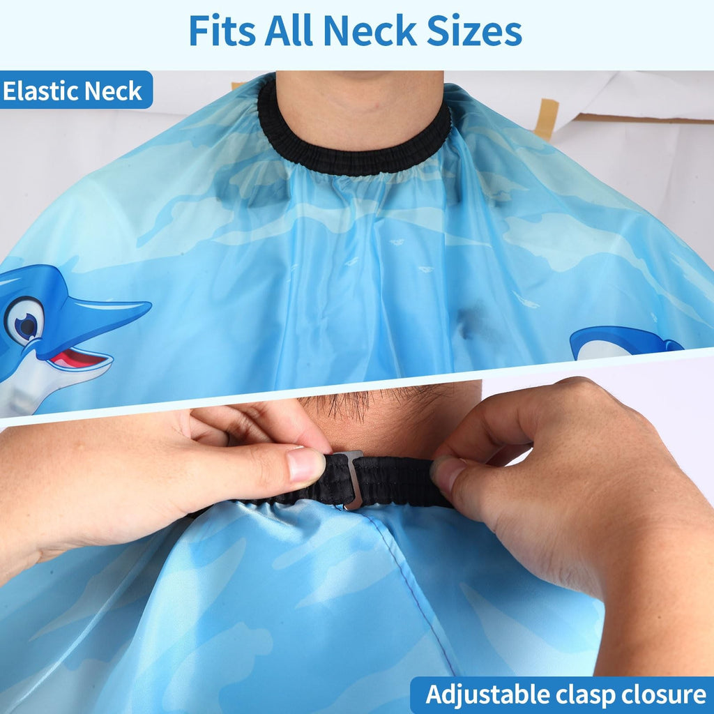 Kids Barber Cape with Neck Duster Brush Cartoon Sea Animals, Full Coverage