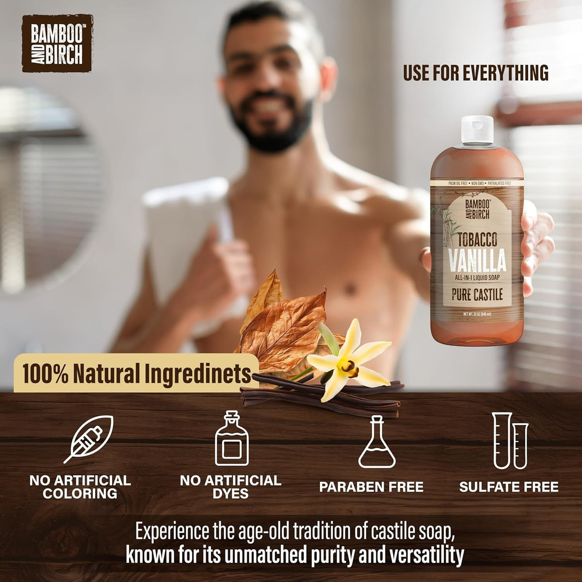Natural Castile Liquid Soap - Palm Oil Free, Multi-Purpose Body & Household Cleaner