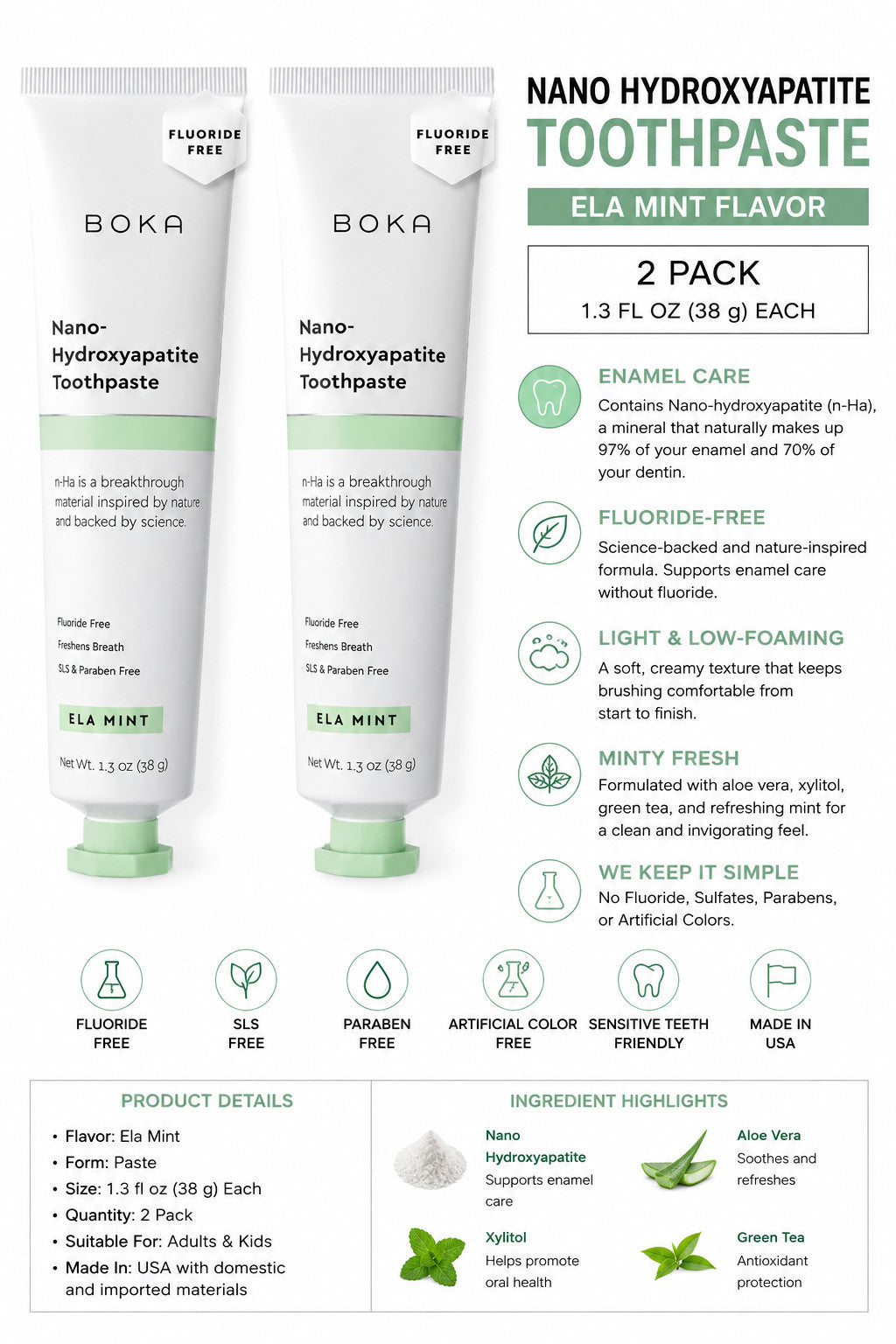Fluoride-Free Nano Hydroxyapatite Toothpaste for Sensitive Teeth 2 Pack - Ela Mint Flavor