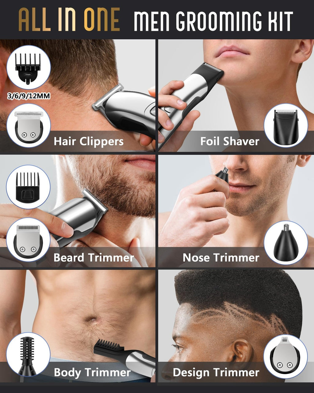 Waterproof Men’s Beard Trimmer Kit with 18 Pieces, Rechargeable & Cordless