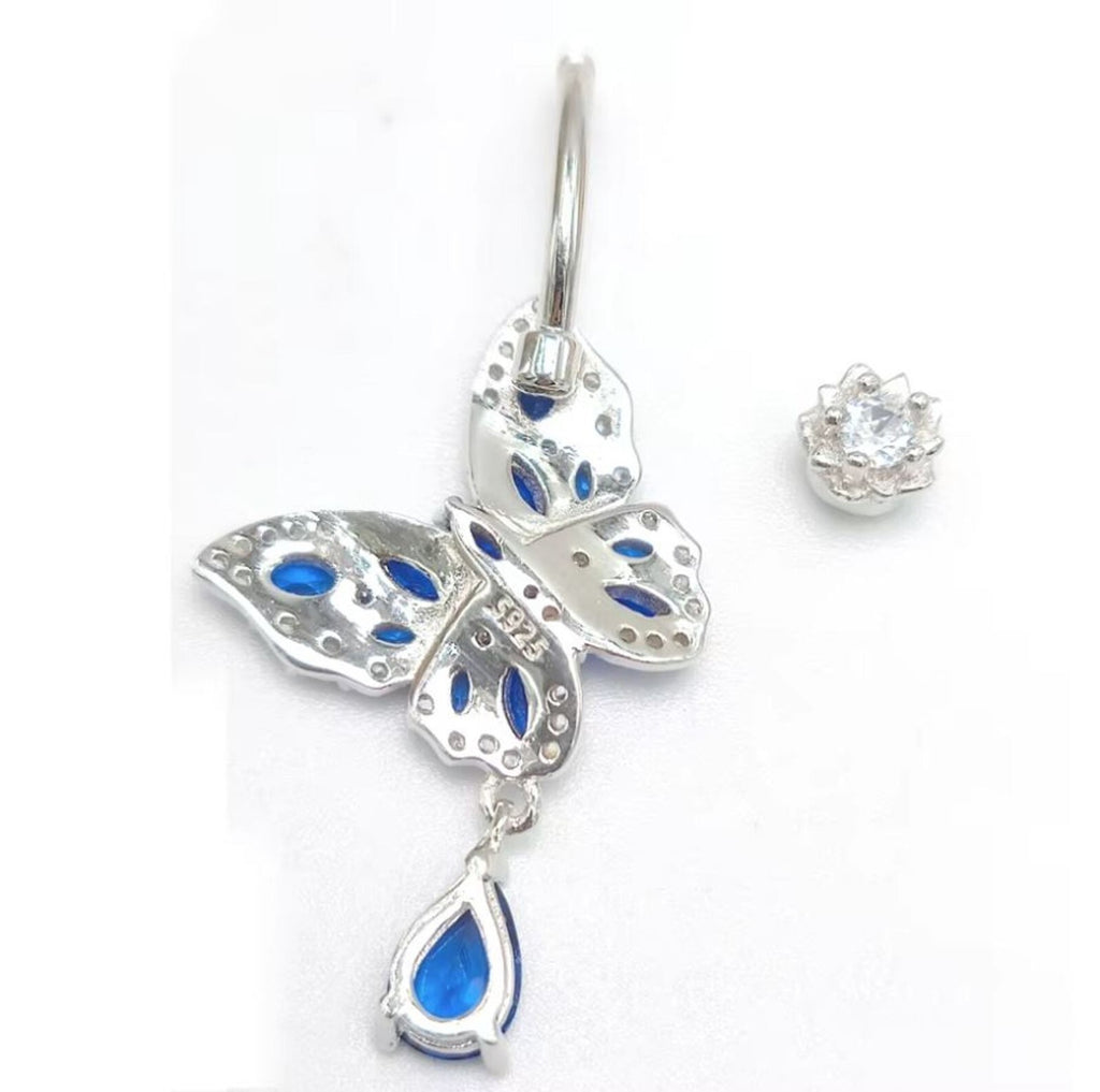 925 Sterling Silver Belly Button Ring with Clear Zircon Gem - Butterfly Dangle