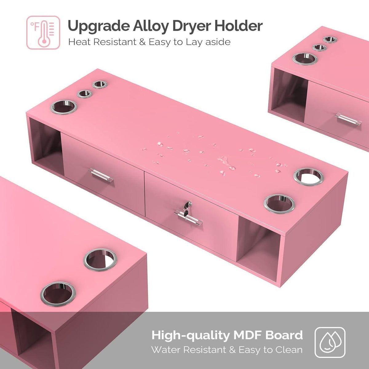 Wall Mount Hair Styling Station with Locking Drawers & Dryer Holders for Salons