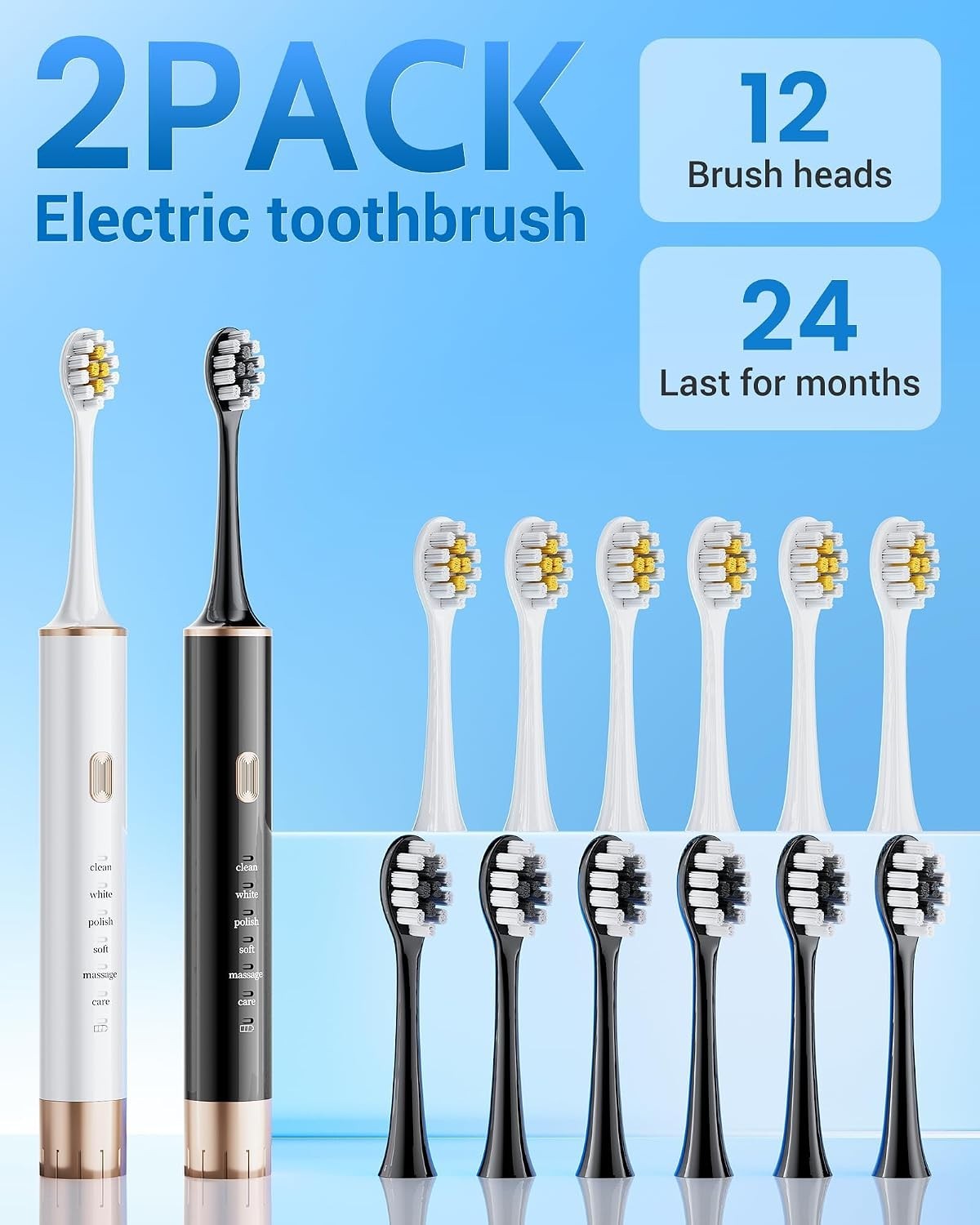 Electric Sonic Toothbrush Set with 12 Replaceable Heads & 6 Modes - Rechargeable & Waterproof