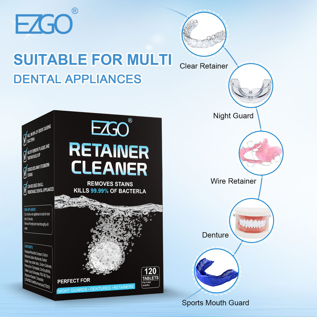 Denture & Retainer Cleaner Tablets Minty Fresh 120 Count - Fast Germ Removal