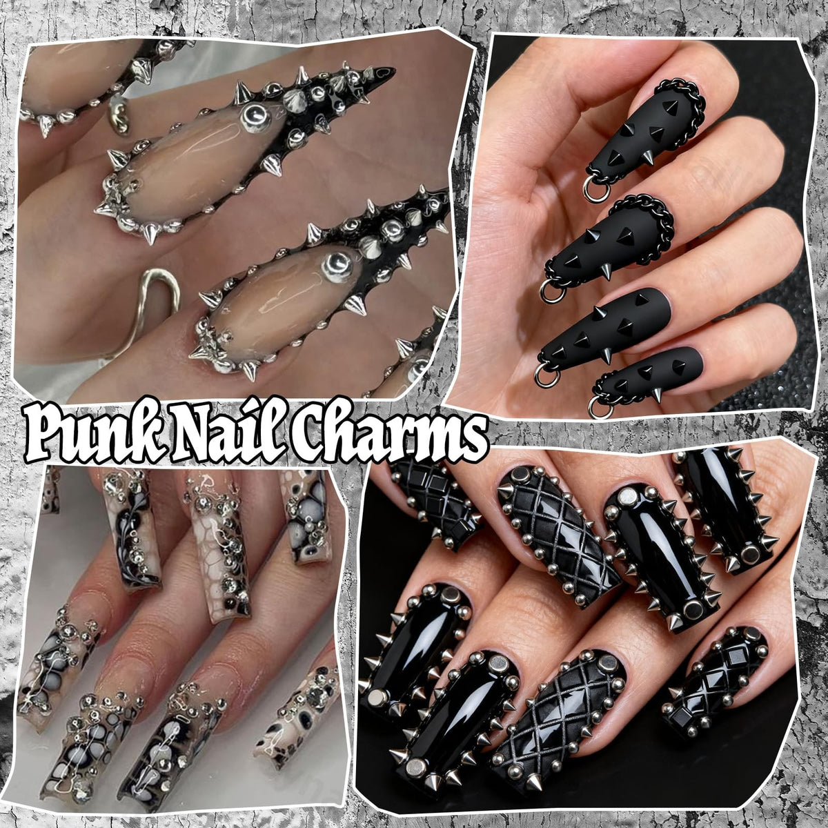 Gothic Punk Nail Charms Set with Spike Beads & Rivets for Nail Art