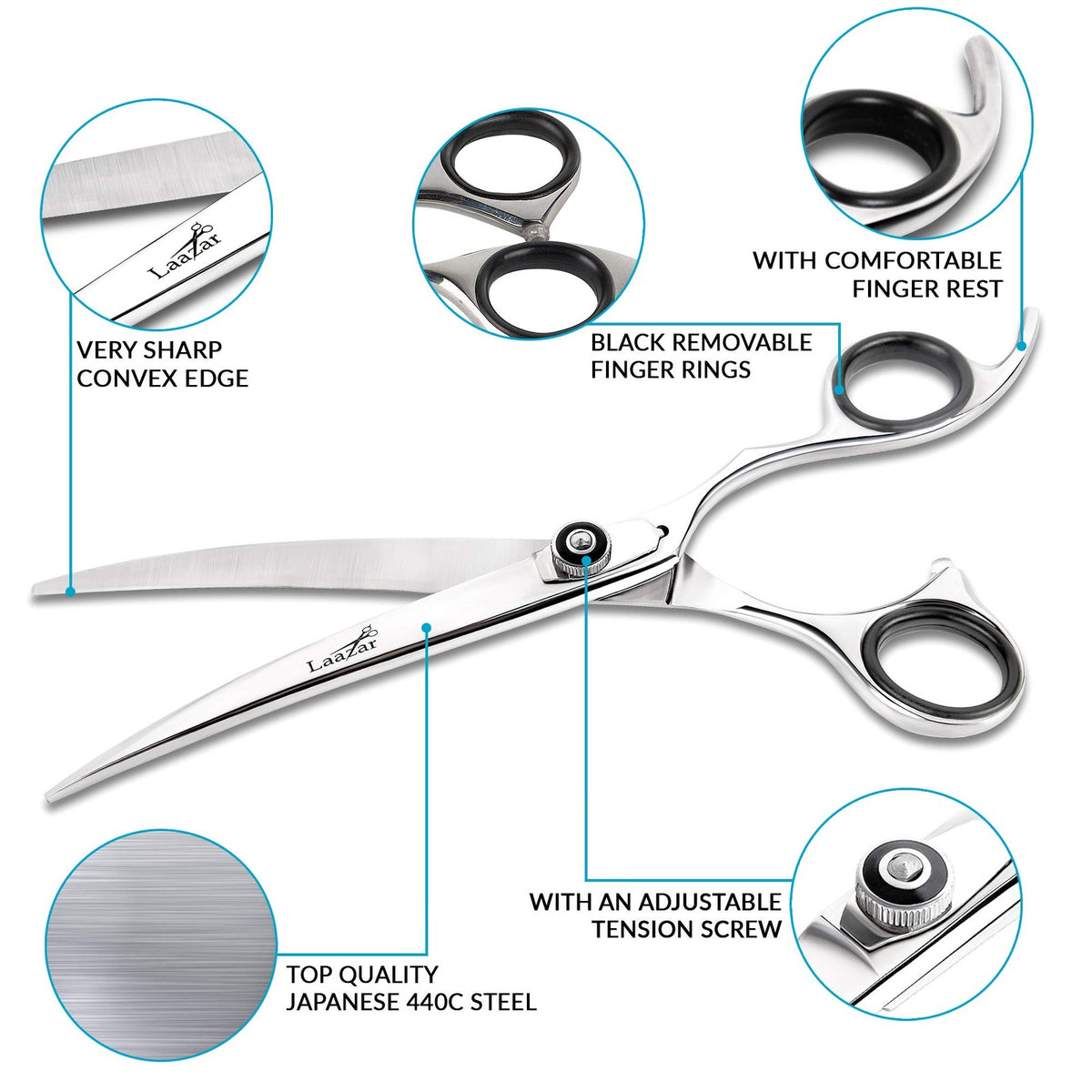 Professional Curved Dog and Cat Shears - 7.5 Inch, Adjustable Tension, Sharp Japanese Steel