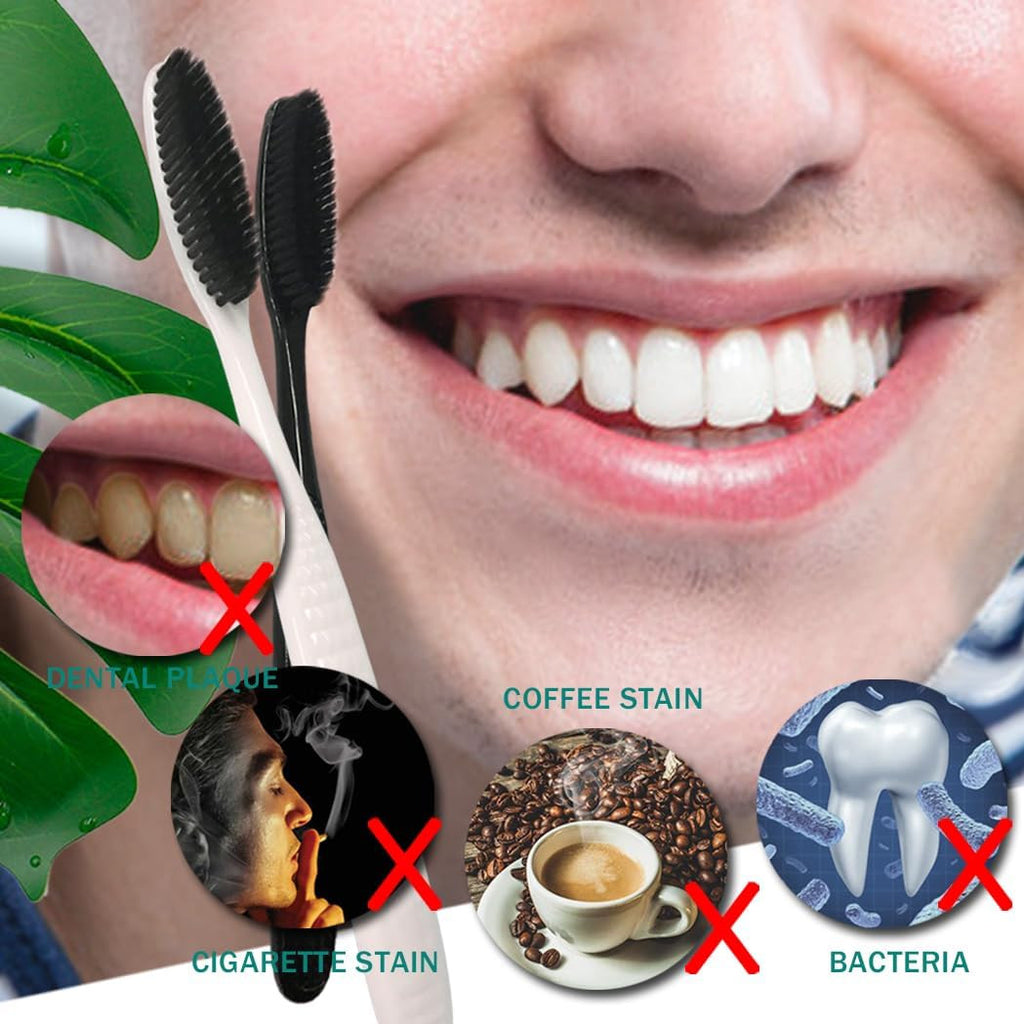 Large Long Head Toothbrush 4-Pack with Charcoal Bristles - Upgraded Firm Oral Care
