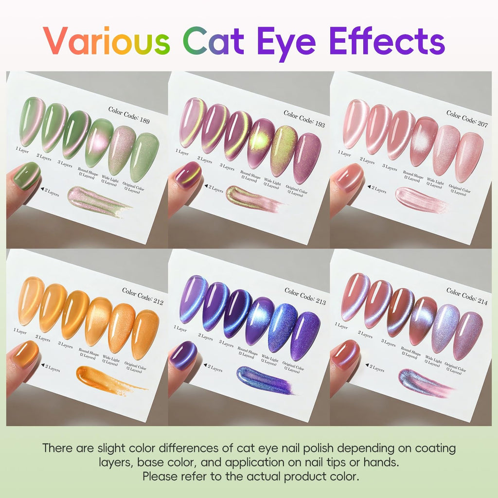 Gel Nail Polish Set with Cat Eye Effect - 6 Vibrant Colors, Long-Lasting, Magnetic Finish