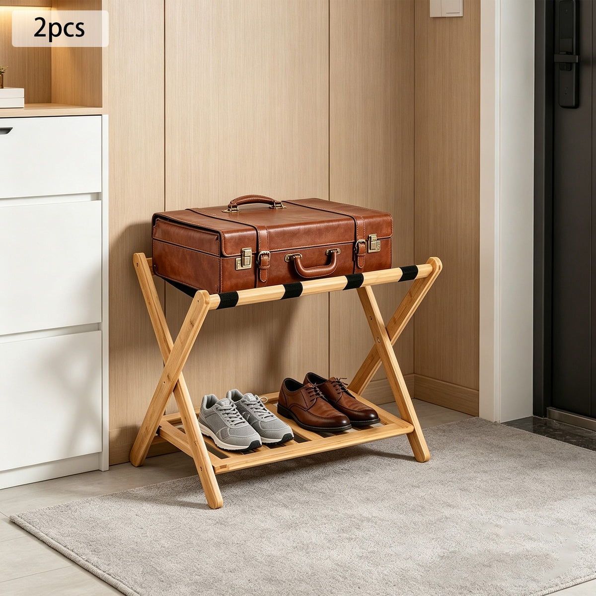 Foldable Wooden Luggage Rack with Dual-Tier Design for Hotel & Home