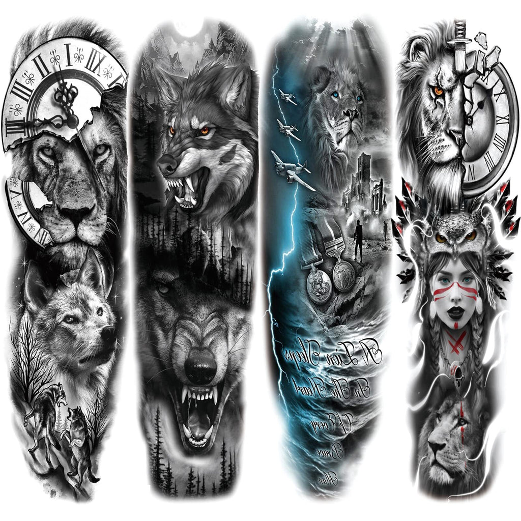 Lion & Wolf Full Sleeve Temporary Tattoo Set