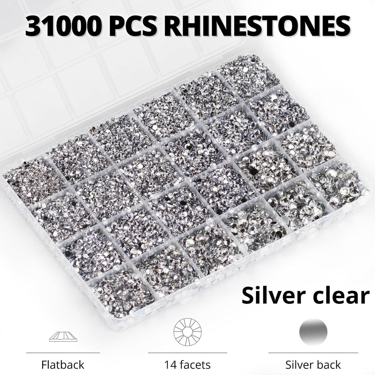 Bulk Silver Clear Rhinestones for Crafting and Bedazzling - 33,000 Pcs, Flatback Gems in Multiple Sizes