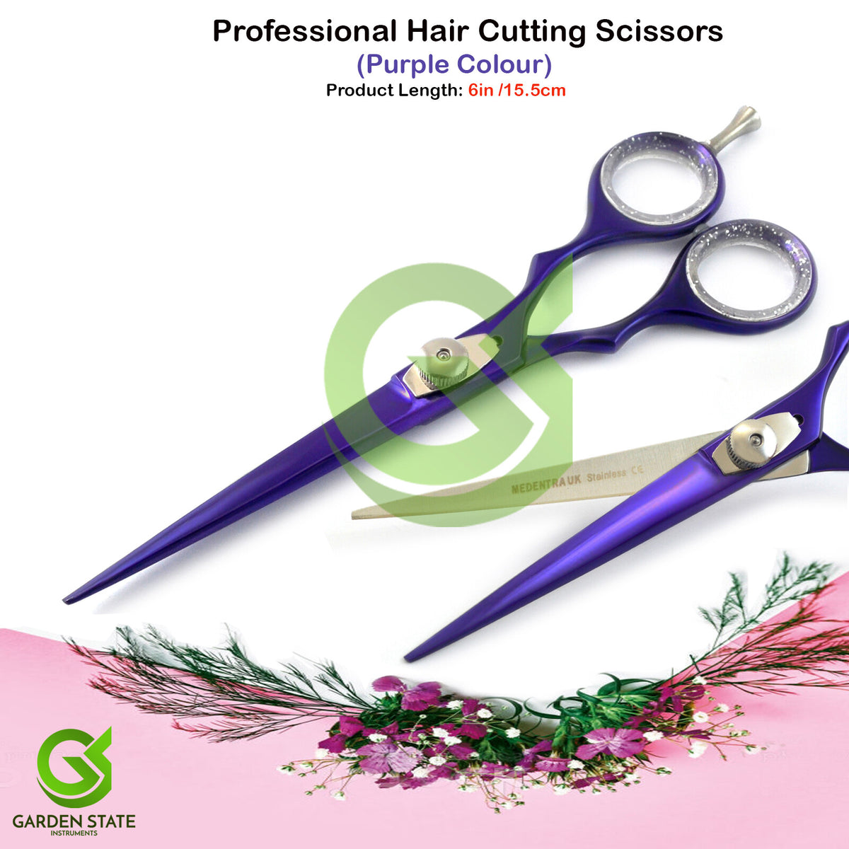 Purple Hair Cutting Scissors 6 Inch Barber Shears with Finger Rest Stainless Steel