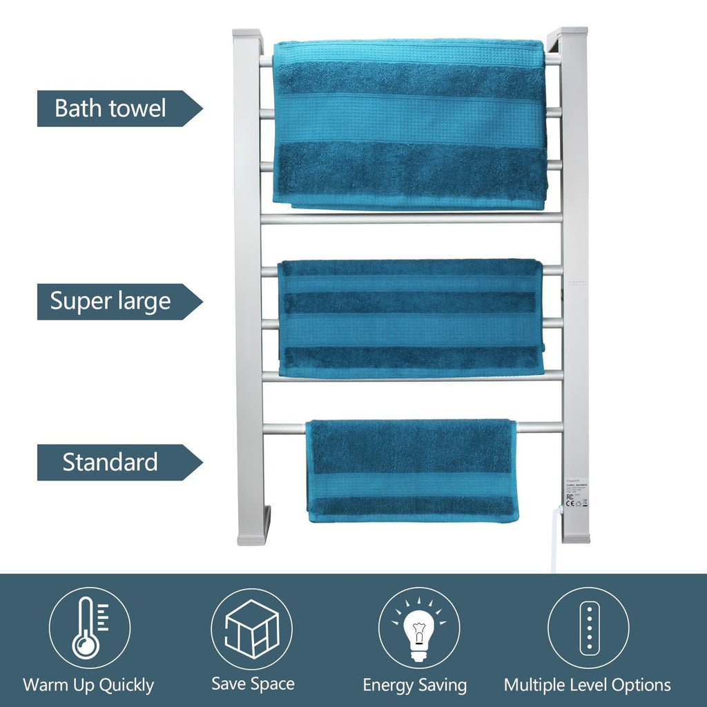 Electric Towel Warmer 8-Bar Aluminum Floor & Wall Mount with Timer