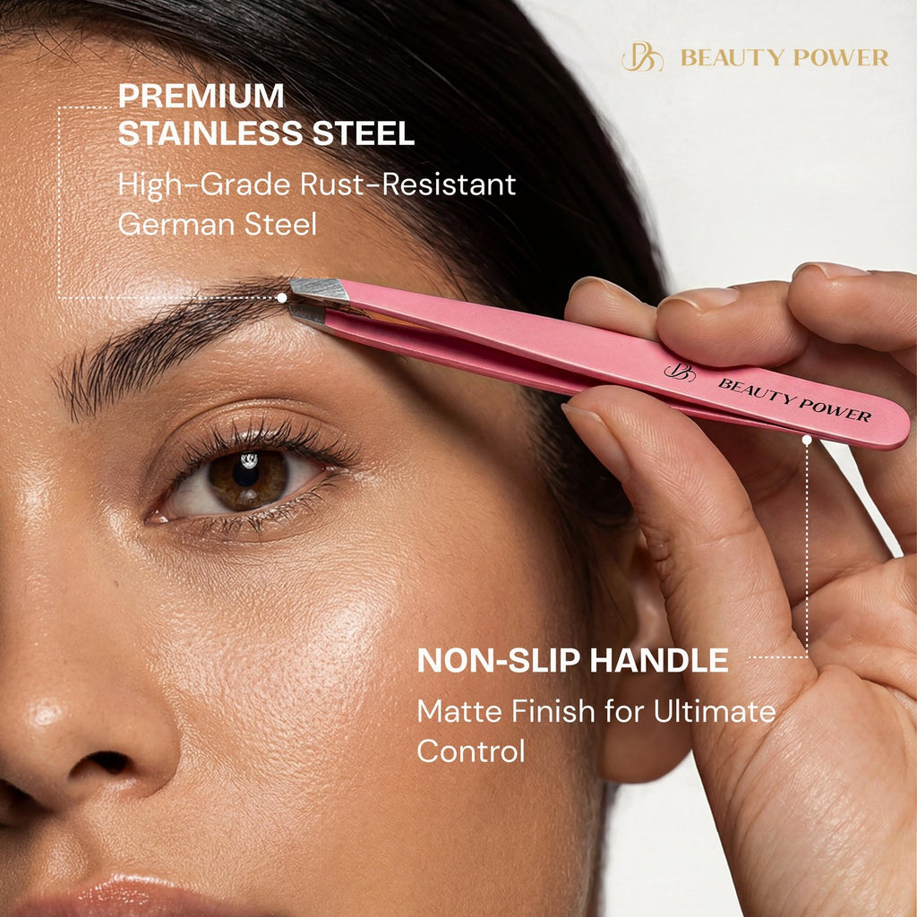 Professional Ultra-Precision Slanted Tweezers - Pink, Fine Point, Beauty Power