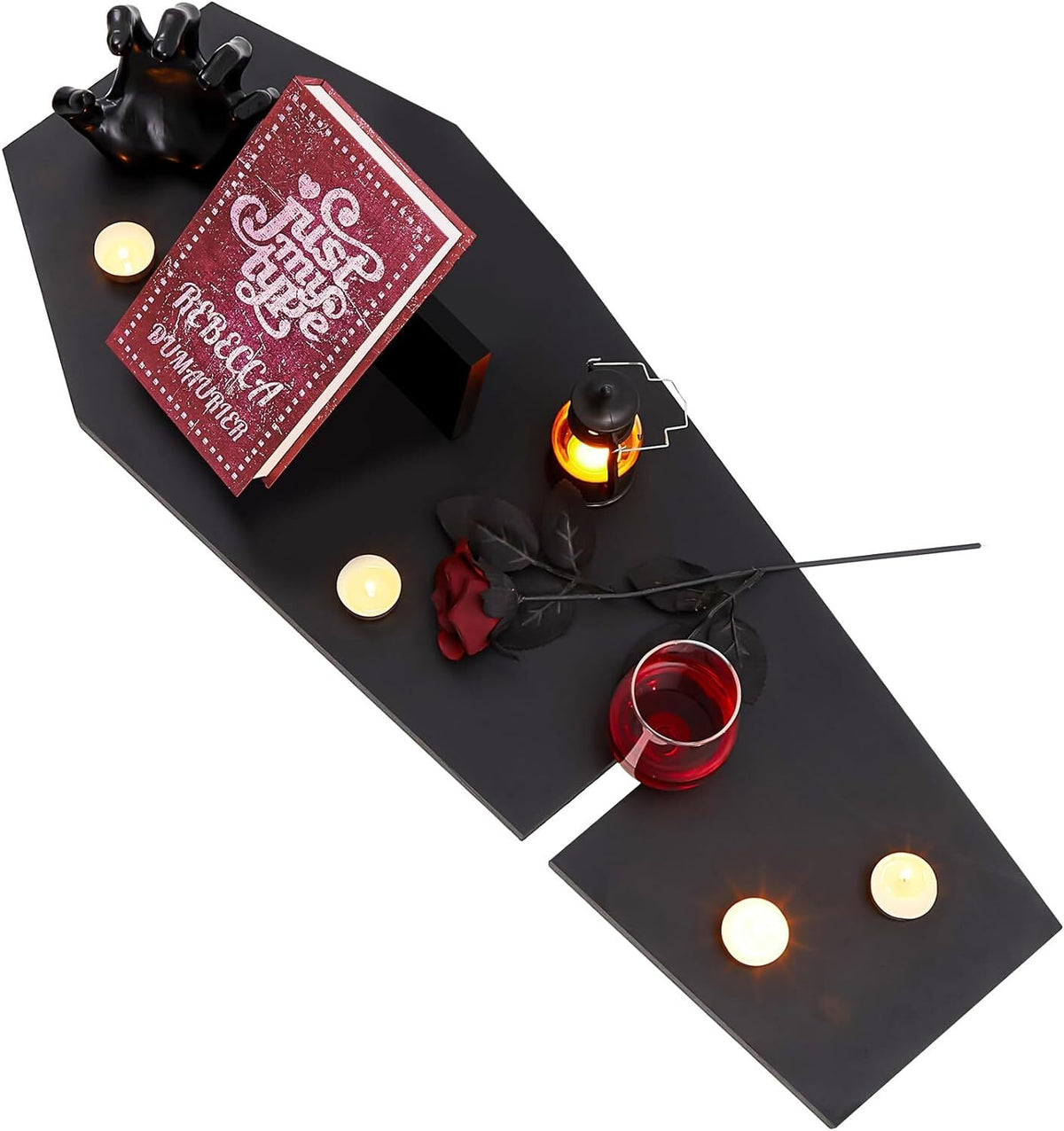 Halloween Coffin Bath Tray with Wine Notch and Book Holder - Black