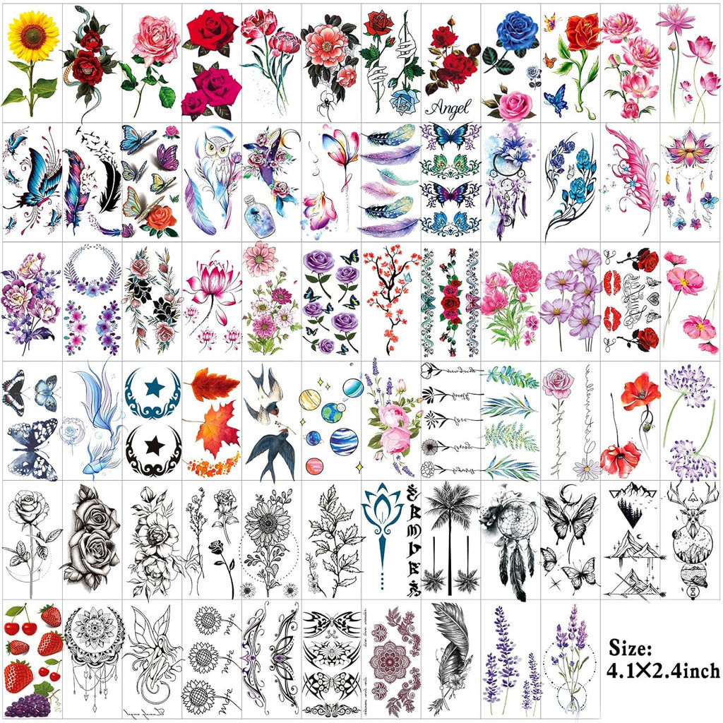 82 Sheets Floral Temporary Tattoos - Roses, Butterflies, Multicolor