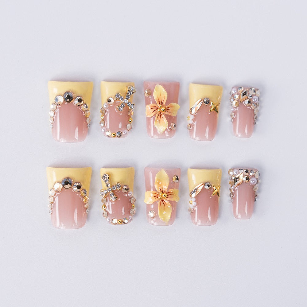 10pcs Vibrant Peach Yellow Square Nail Art Set with 3D Flower Beads - Garden Party Style
