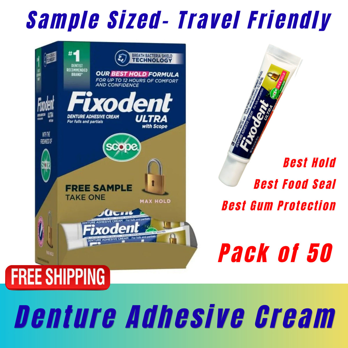Denture Adhesive Cream Tubes 0.35oz - Pack of 50 Travel Size Samples