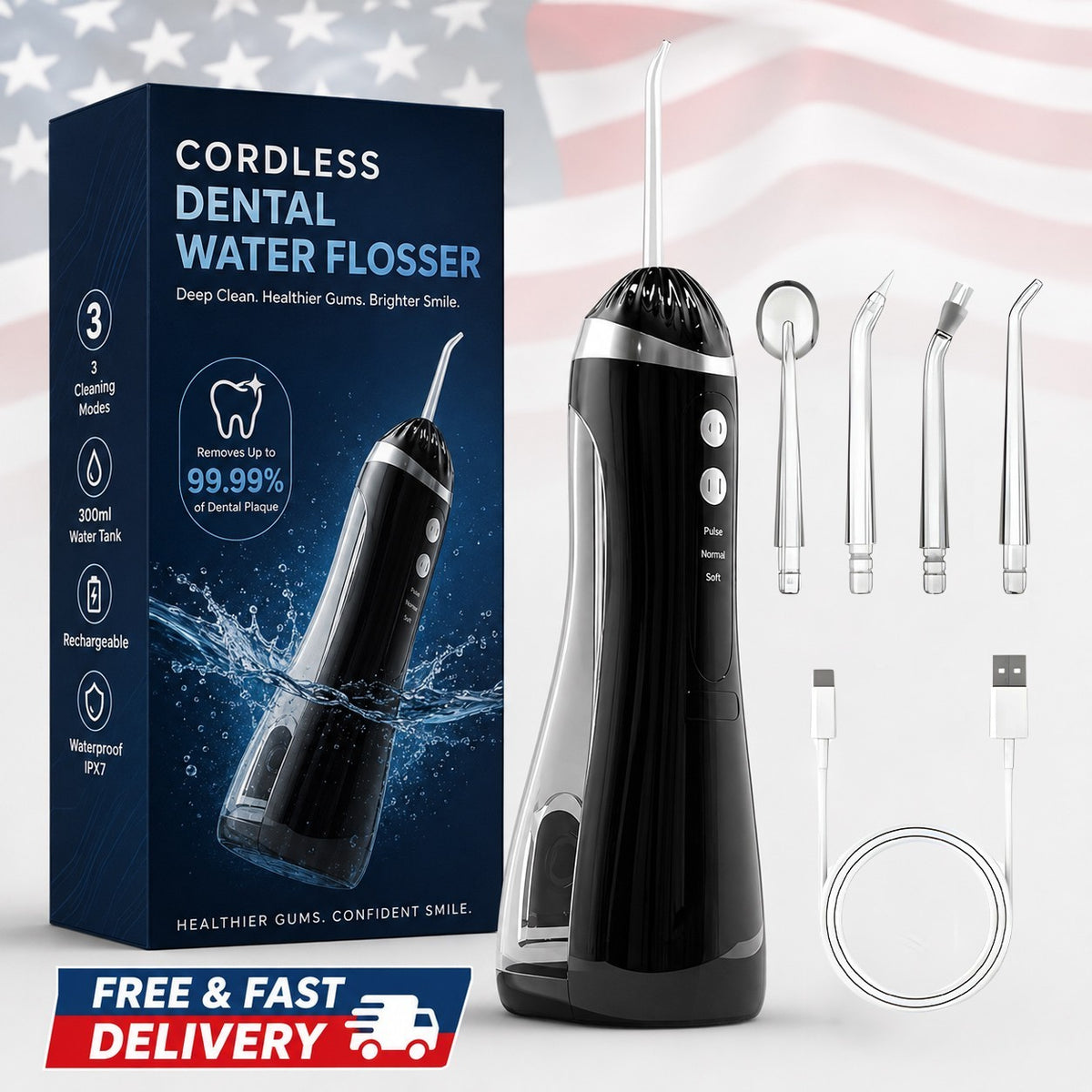 Cordless Water Flosser Oral Irrigator with 3 Modes and 4 Tips - Travel Friendly