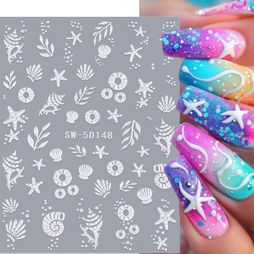 Summer Ocean Nail Stickers - 5D Embossed Shell & Sea Creatures Decals