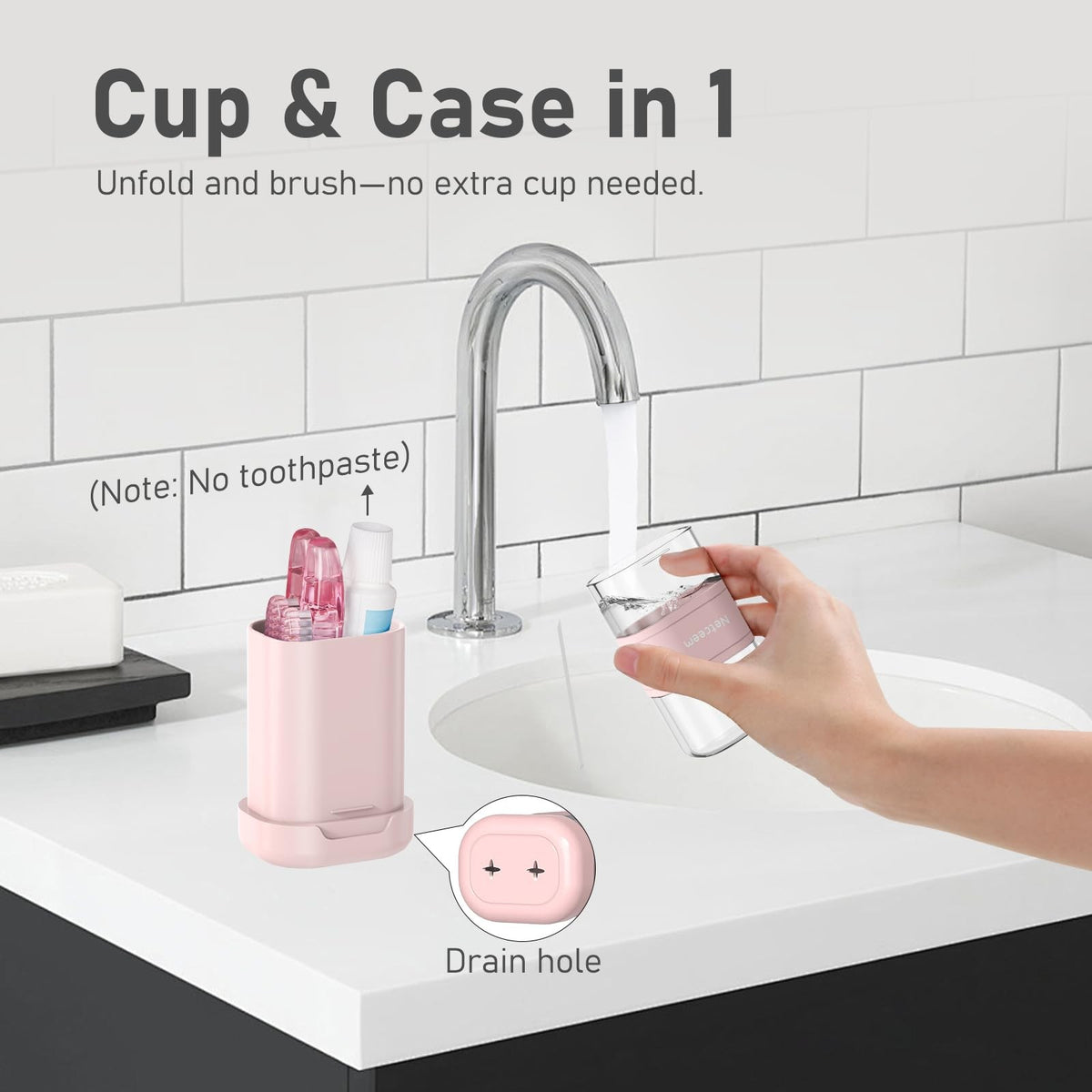 Portable Folding Toothbrush Case with 2-in-1 Cup - Pink Travel Organizer