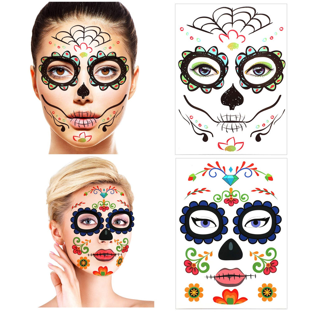 12-Pack Day of the Dead Skull Face Temporary Tattoos Kit for Halloween