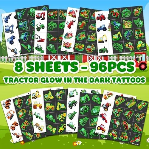 Glow-in-the-Dark Tractor Temporary Tattoos - 96 Pcs Pre-Cut Kids Tattoos