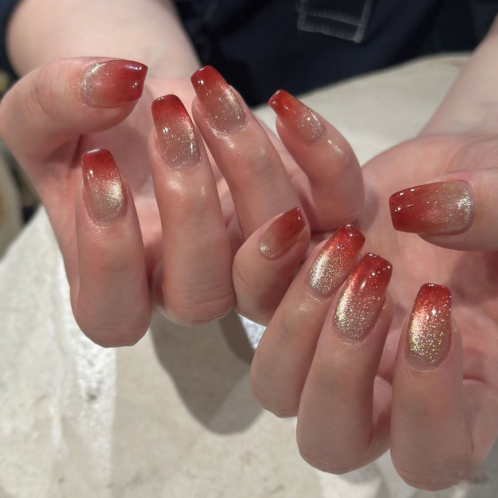 48Pcs Red Gold Glitter Gradient Coffin Press-On Nails - False Nails Set