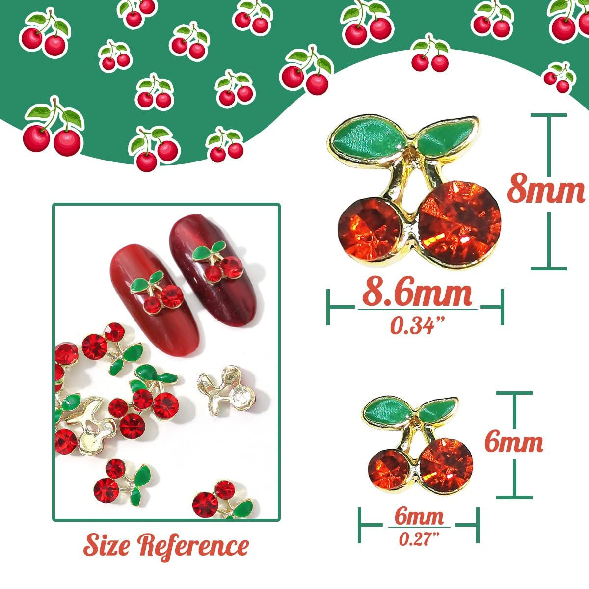 40Pcs 3D Cherry Nail Charms Rhinestones Glitter Gems for Nail Art & Manicure