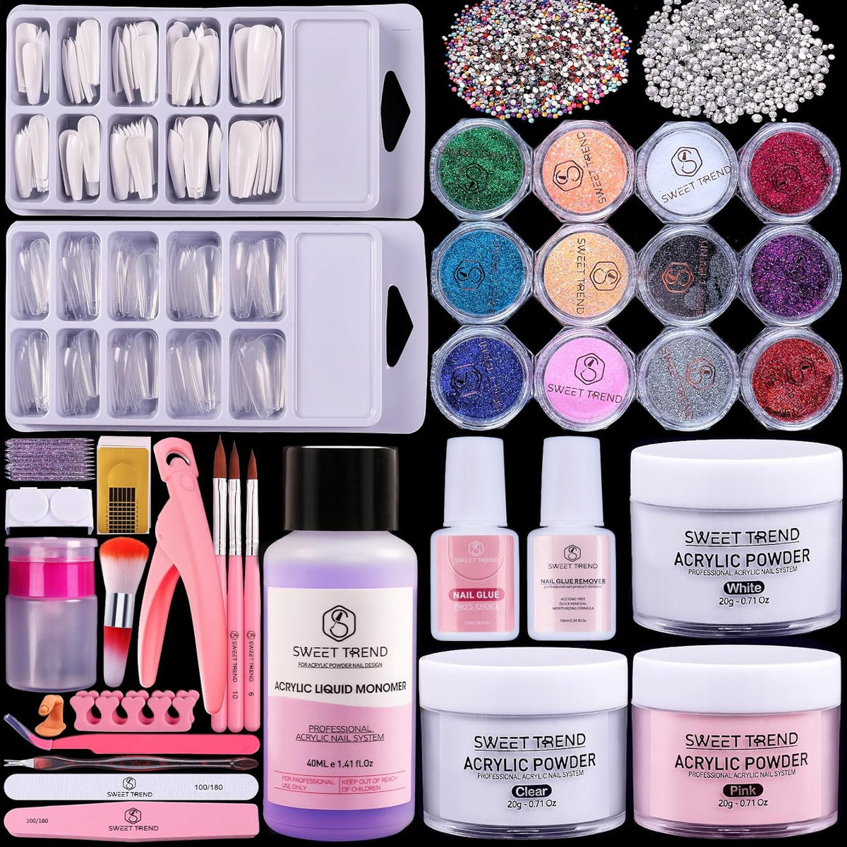 Beginner Acrylic Nail Kit with Glitter Powders & Tools - Professional Salon Set